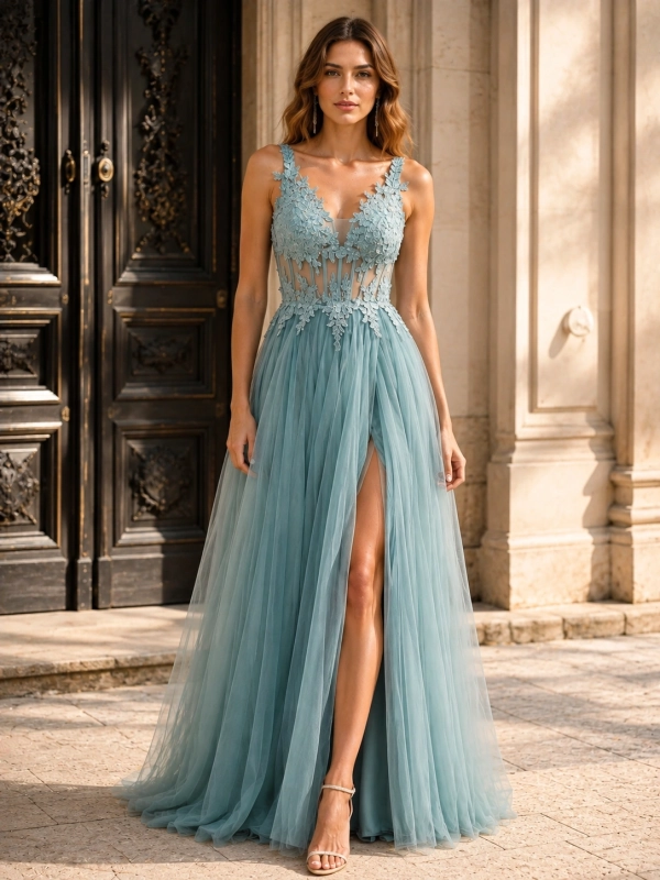 Vestido fiesta largo corset con tul VERÓNICA VERDE MENTA