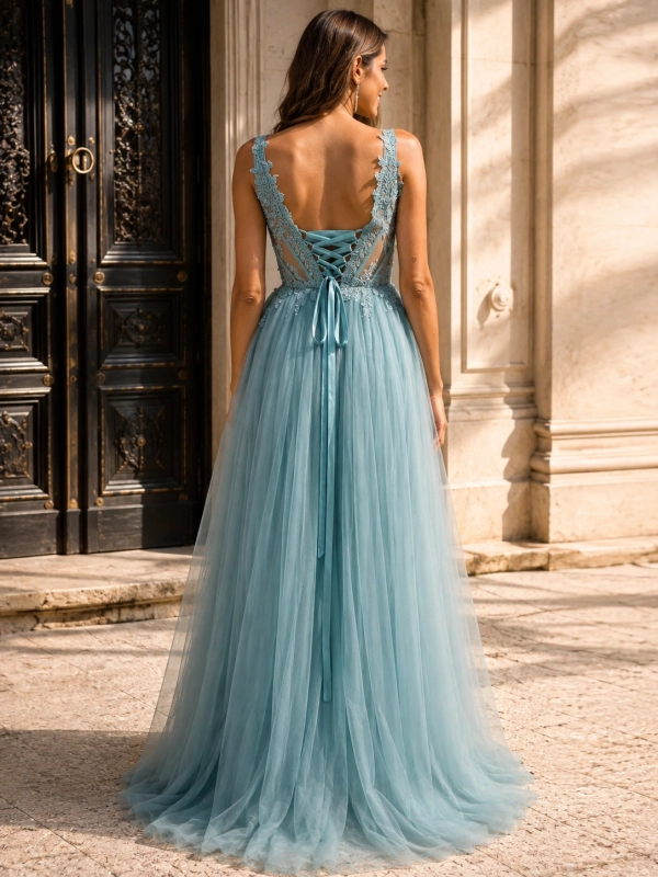 Vestido fiesta largo corset con tul VERÓNICA VERDE MENTA ESPALDA