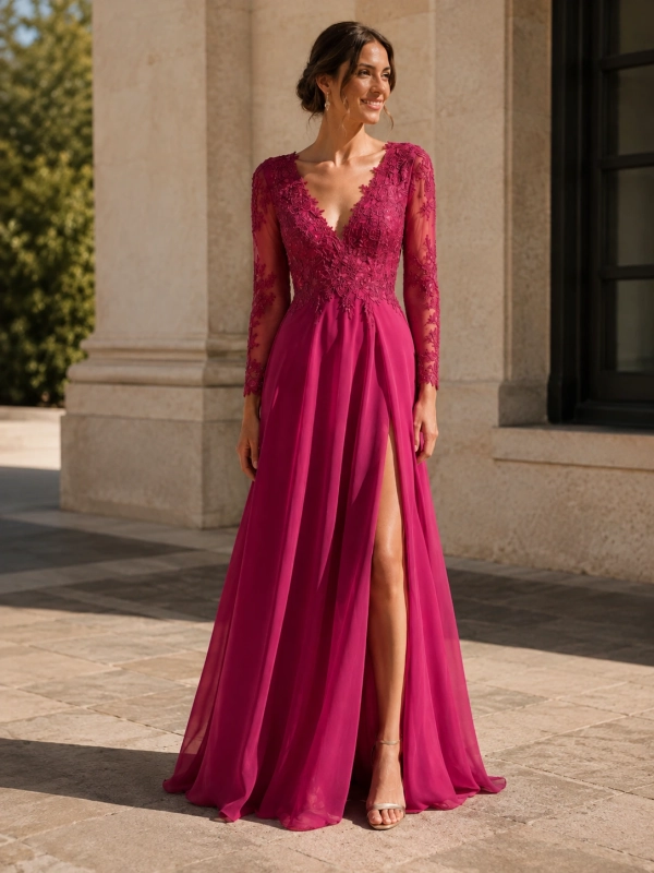 Vestido fiesta largo manga encaje SYLVIE