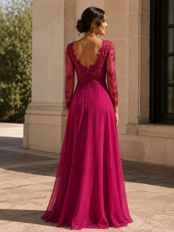 Vestido fiesta largo manga encaje SYLVIE BUGANVILLA ESPALDA
