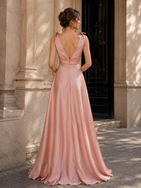 Vestido largo de fiesta pomposo lazos en los hombros rosa