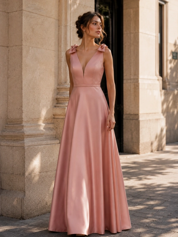 Vestido largo de fiesta pomposo lazos en los hombros rosa