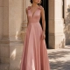 Vestido largo de fiesta pomposo lazos en los hombros rosa