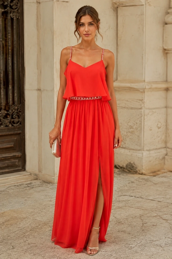 Vestido largo fiesta de tirantes con perlas rojo