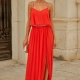 Vestido largo fiesta de tirantes con perlas rojo