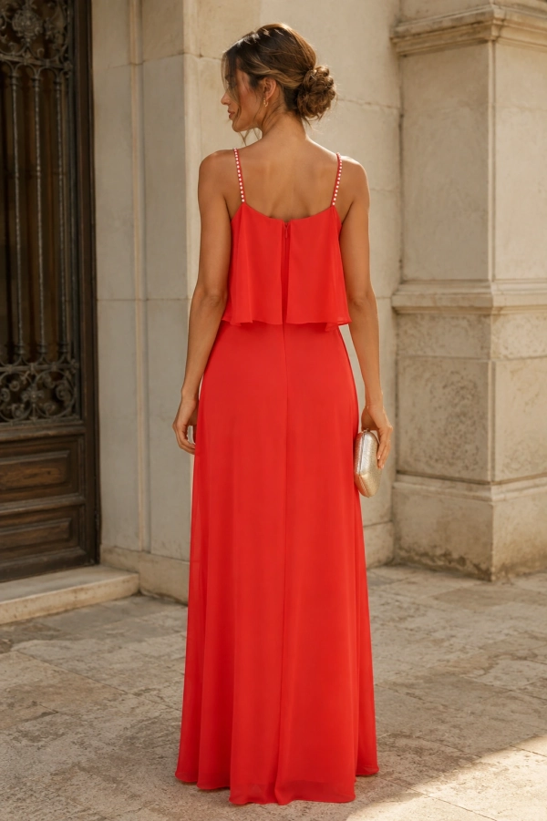 Vestido largo fiesta de tirantes con perlas rojo ESPALDA