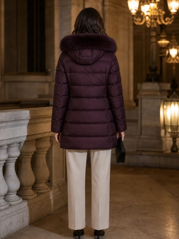 Abrigo acolchado con capucha de pelo, diseño sofisticado y cálido.