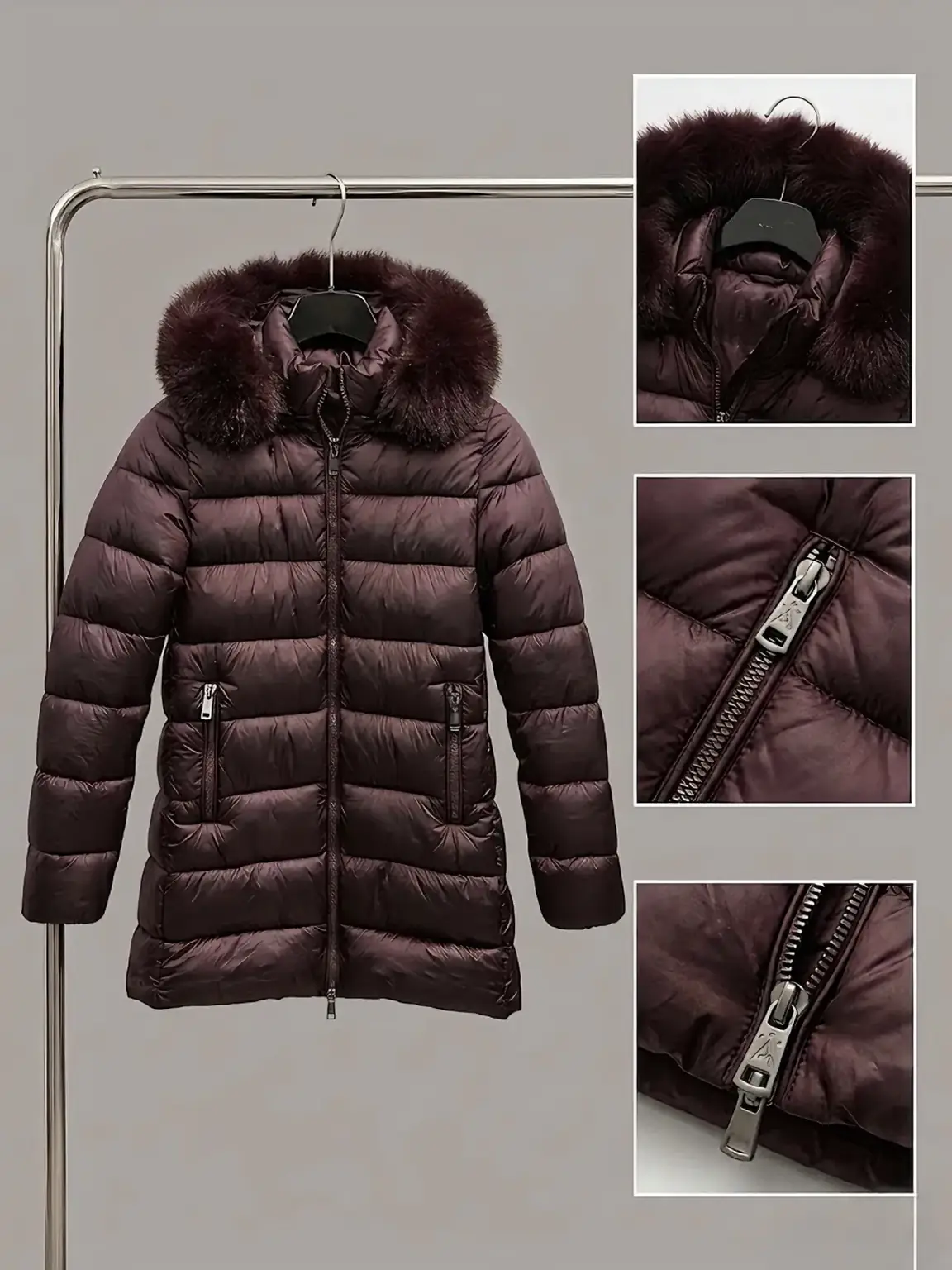 Abrigo acolchado con cuello de pelo, diseño sofisticado y cálido.