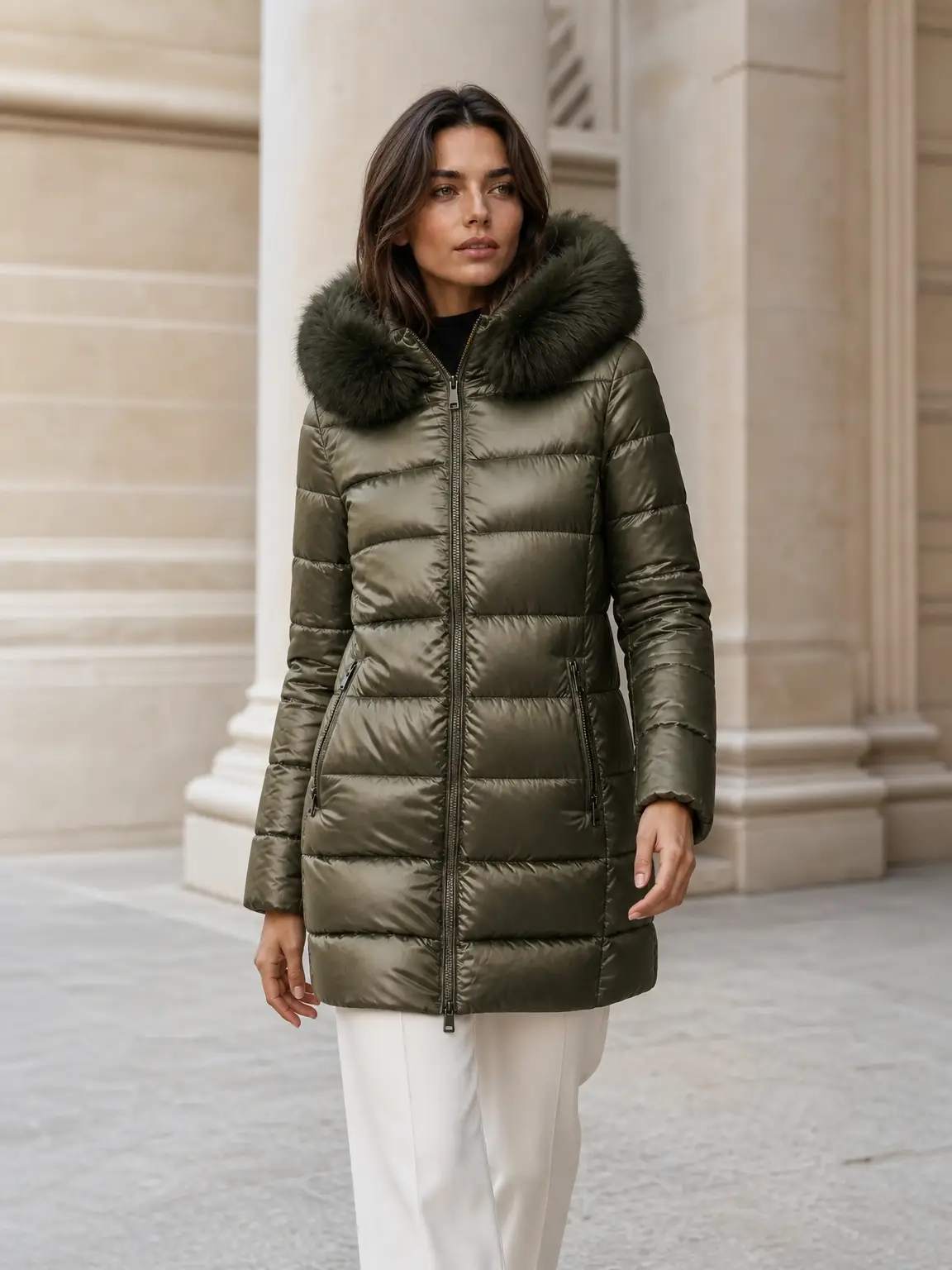 Abrigo acolchado con cuello de pelo, diseño sofisticado y cálido. - Verde militar