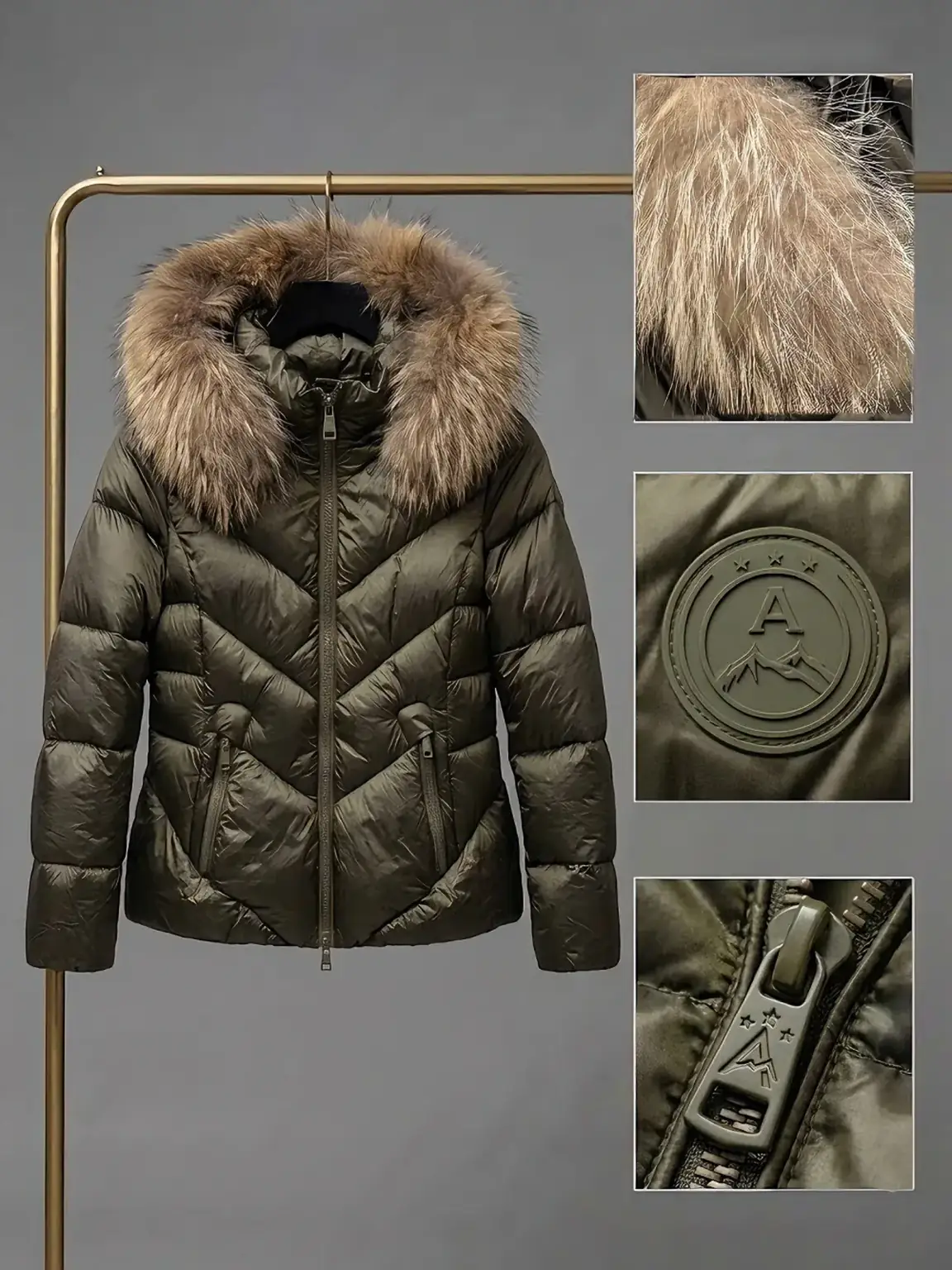 Chaqueta acolchada con diseño moderno y capucha de pelo.