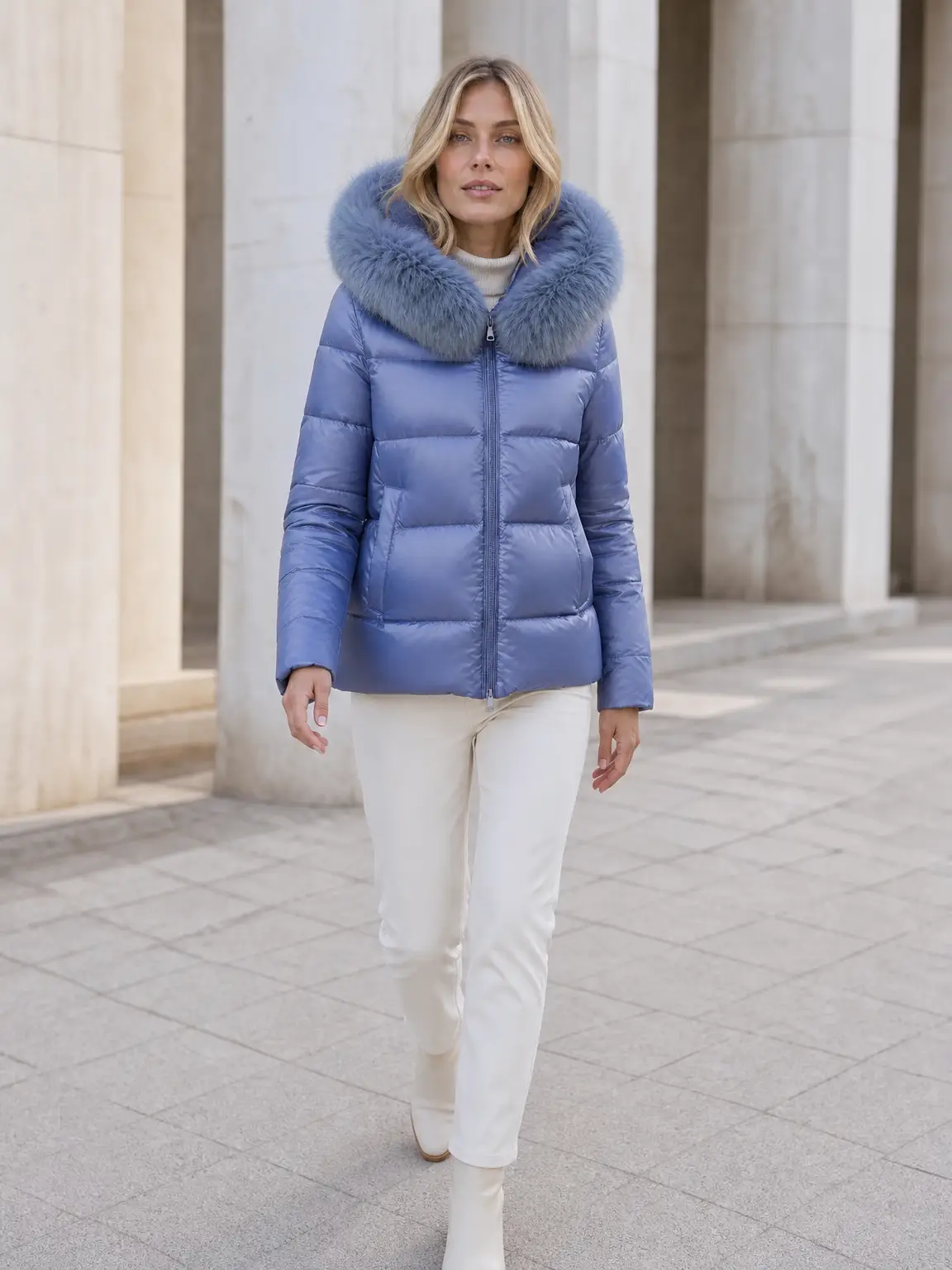 Chaqueta acolchada con capucha de pelo y cierre de cremallera. - Azul vaquero