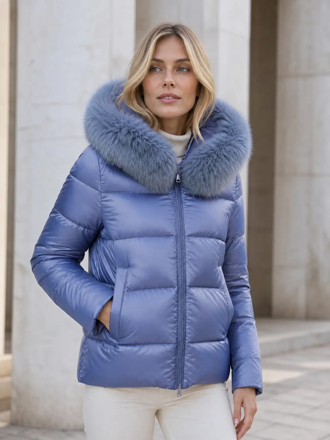 Chaqueta acolchada con capucha de pelo y cierre de cremallera.