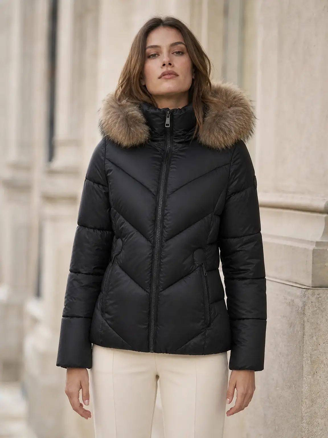 Chaqueta acolchada con diseño moderno y capucha de pelo. - Negro