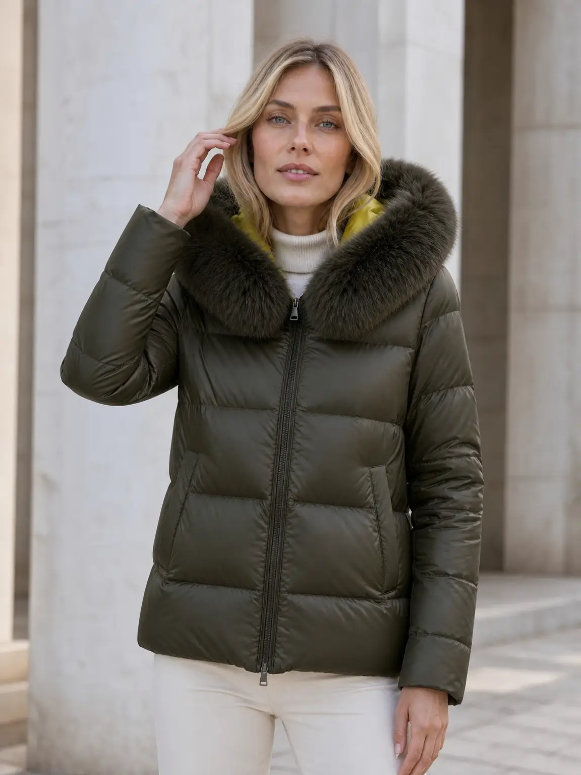 Chaqueta acolchada con capucha de pelo y cierre de cremallera. - Oliva