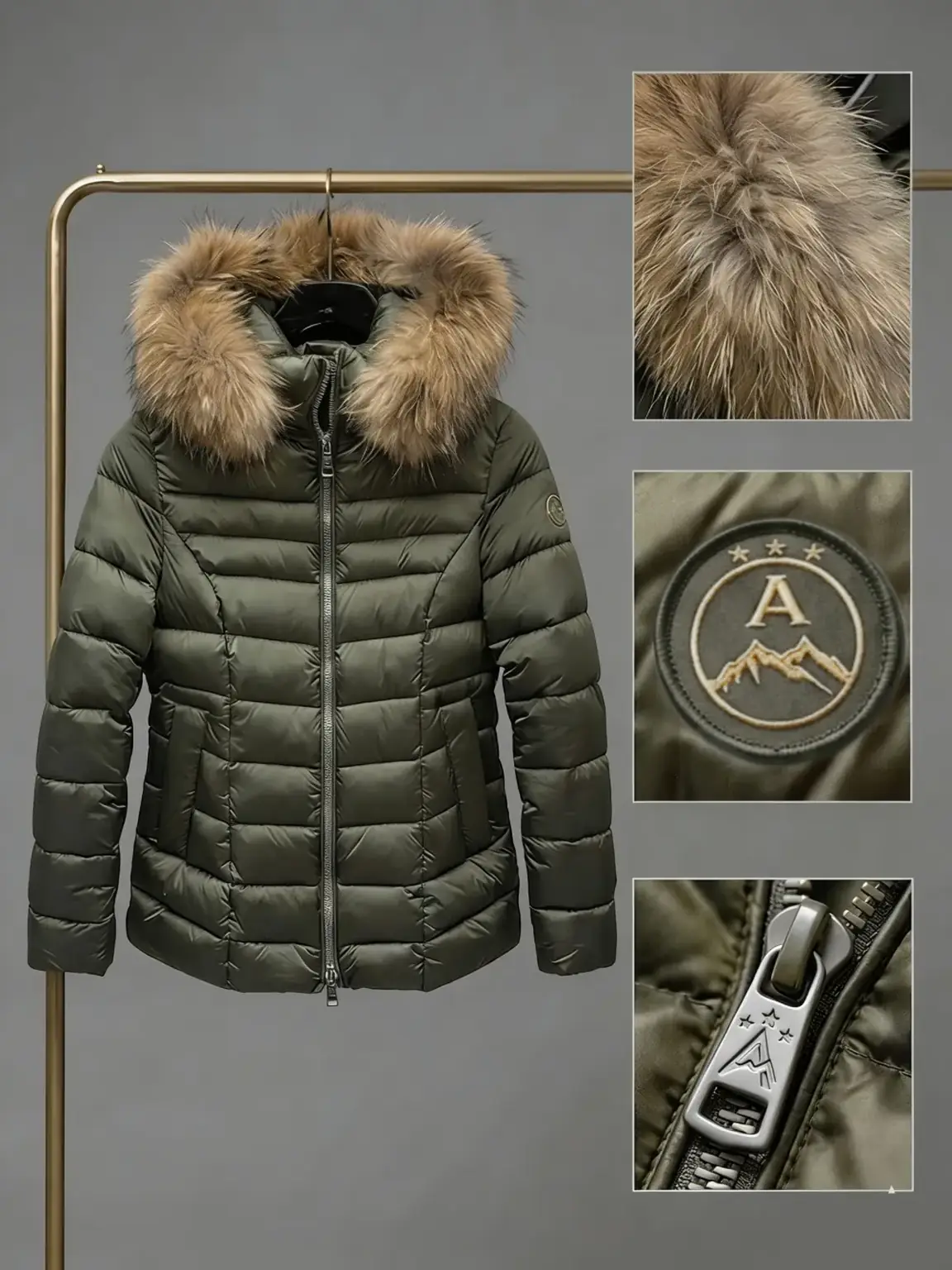 Chaqueta acolchada con capucha desmontable y ribete de pelo natural.