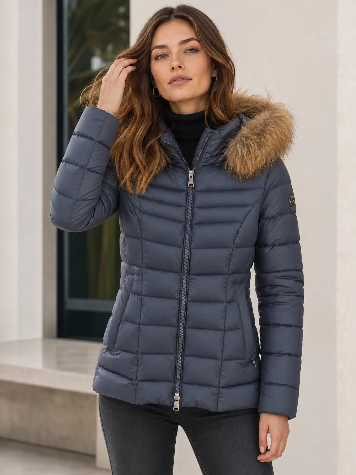 Chaqueta acolchada con capucha desmontable y ribete de pelo natural. - Azul grisáceo