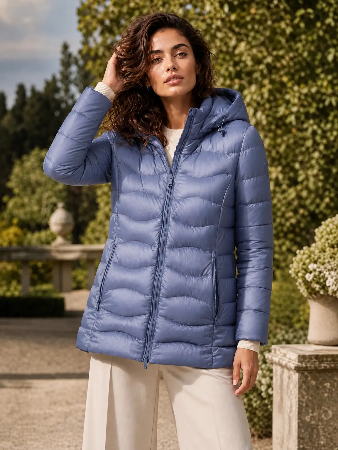 Chaqueta acolchada con capucha desmontable y bolsillos con cremallera. - Azul vaquero