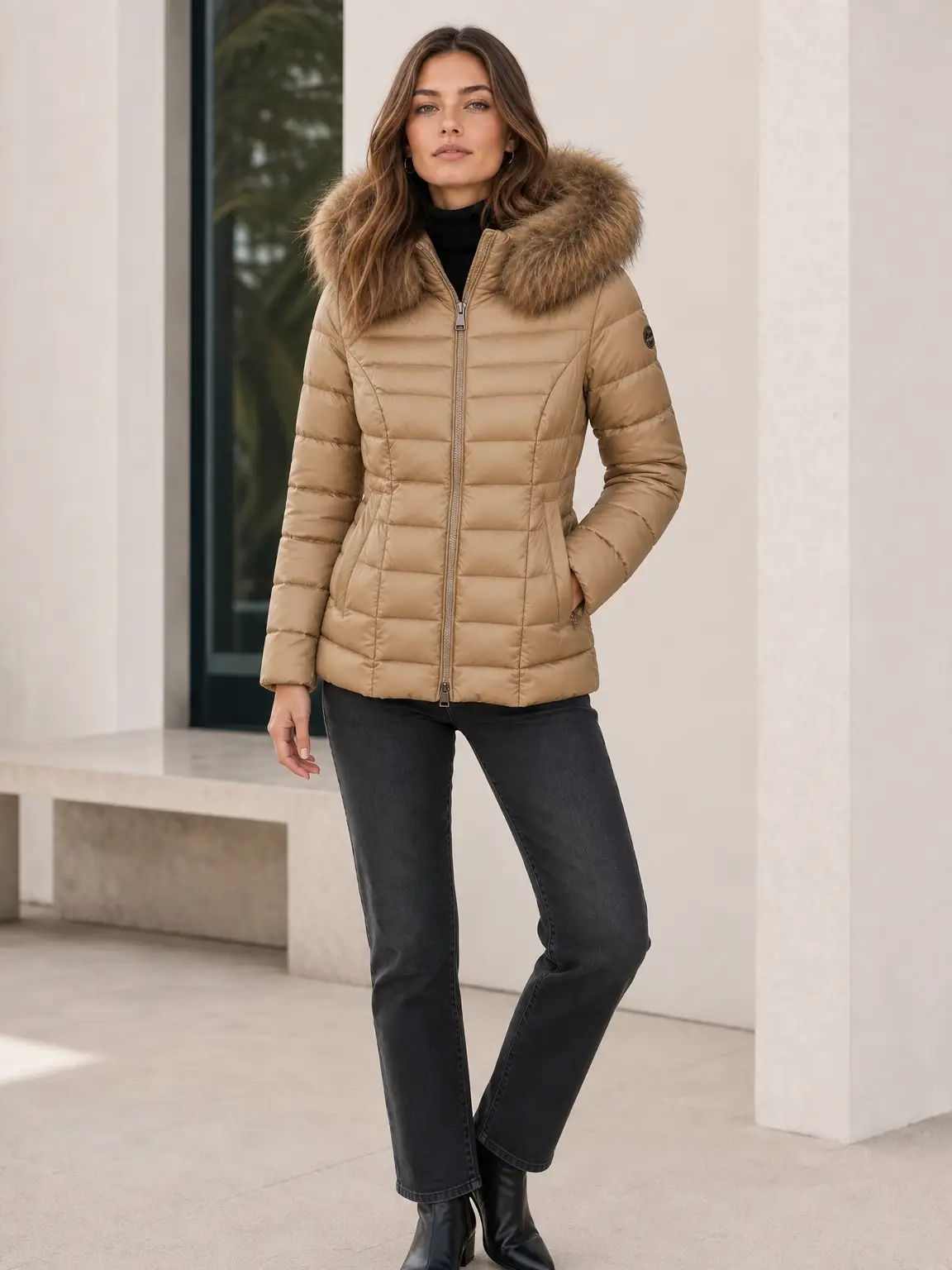 Chaqueta acolchada con capucha desmontable y ribete de pelo natural. - Dorado