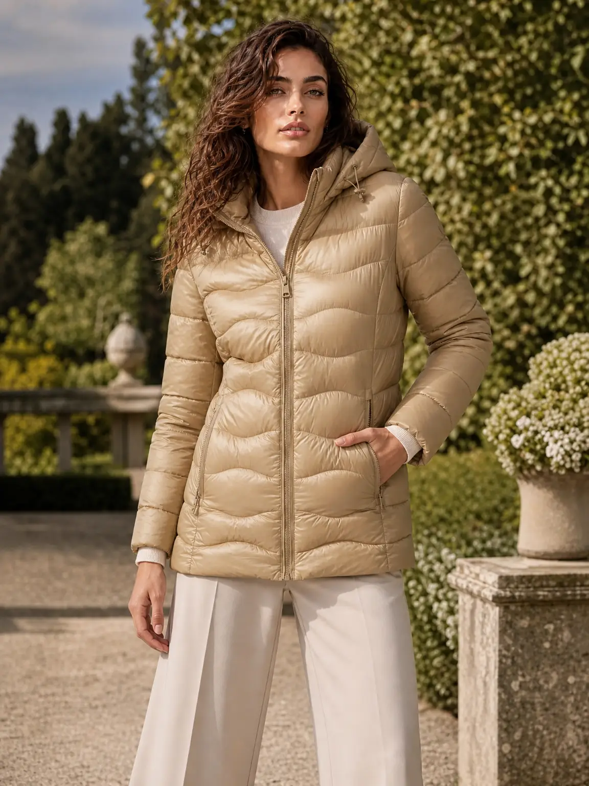 Chaqueta acolchada con capucha desmontable y bolsillos con cremallera. - Khaki