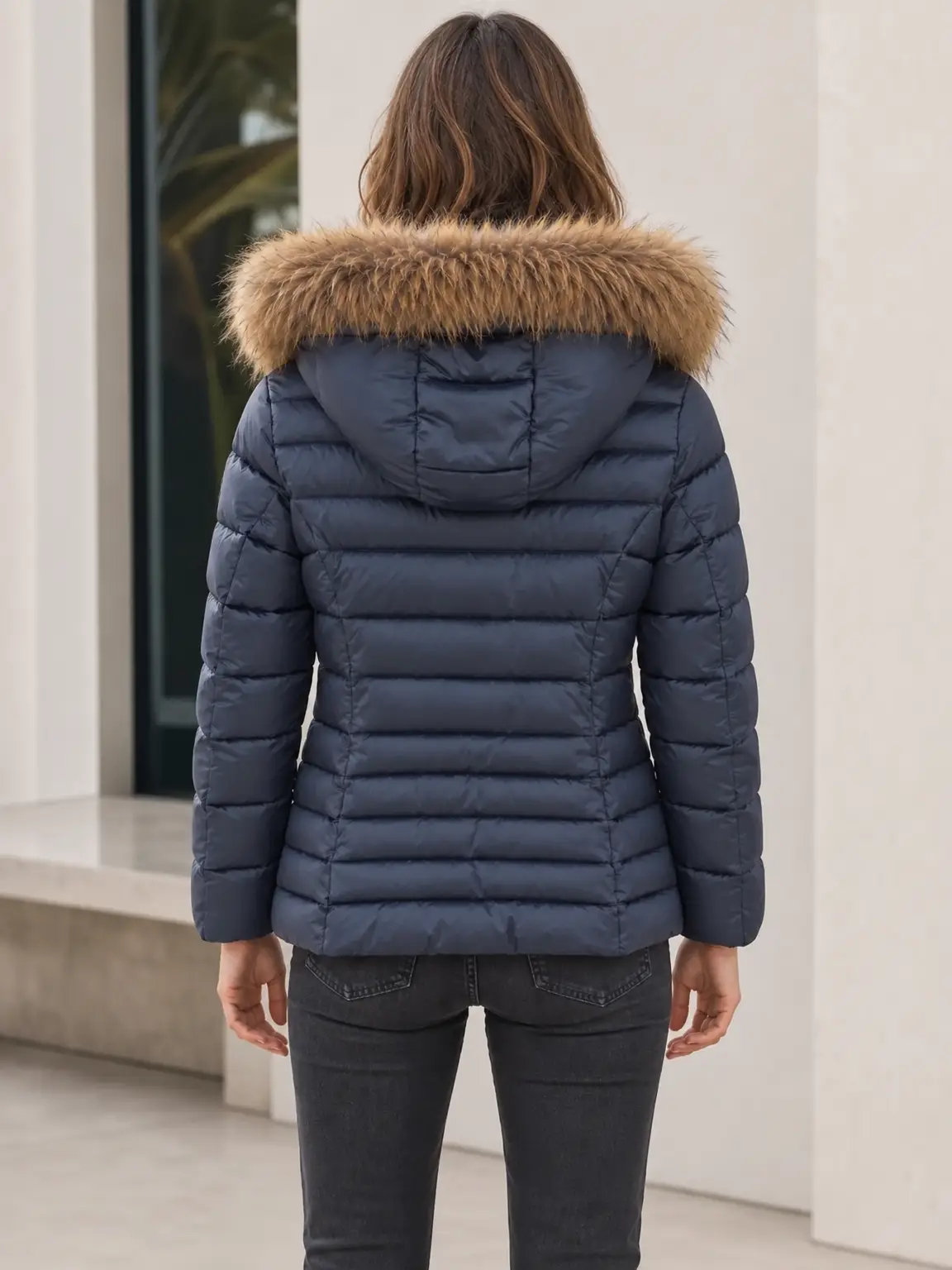 Chaqueta acolchada con capucha desmontable y ribete de pelo natural.