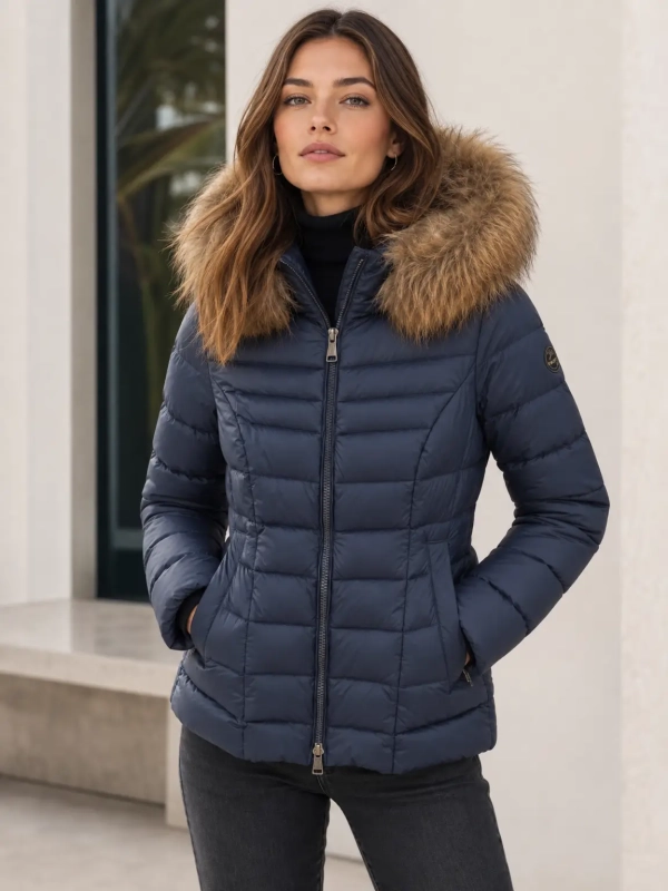 Chaqueta acolchada con capucha desmontable y ribete de pelo natural.