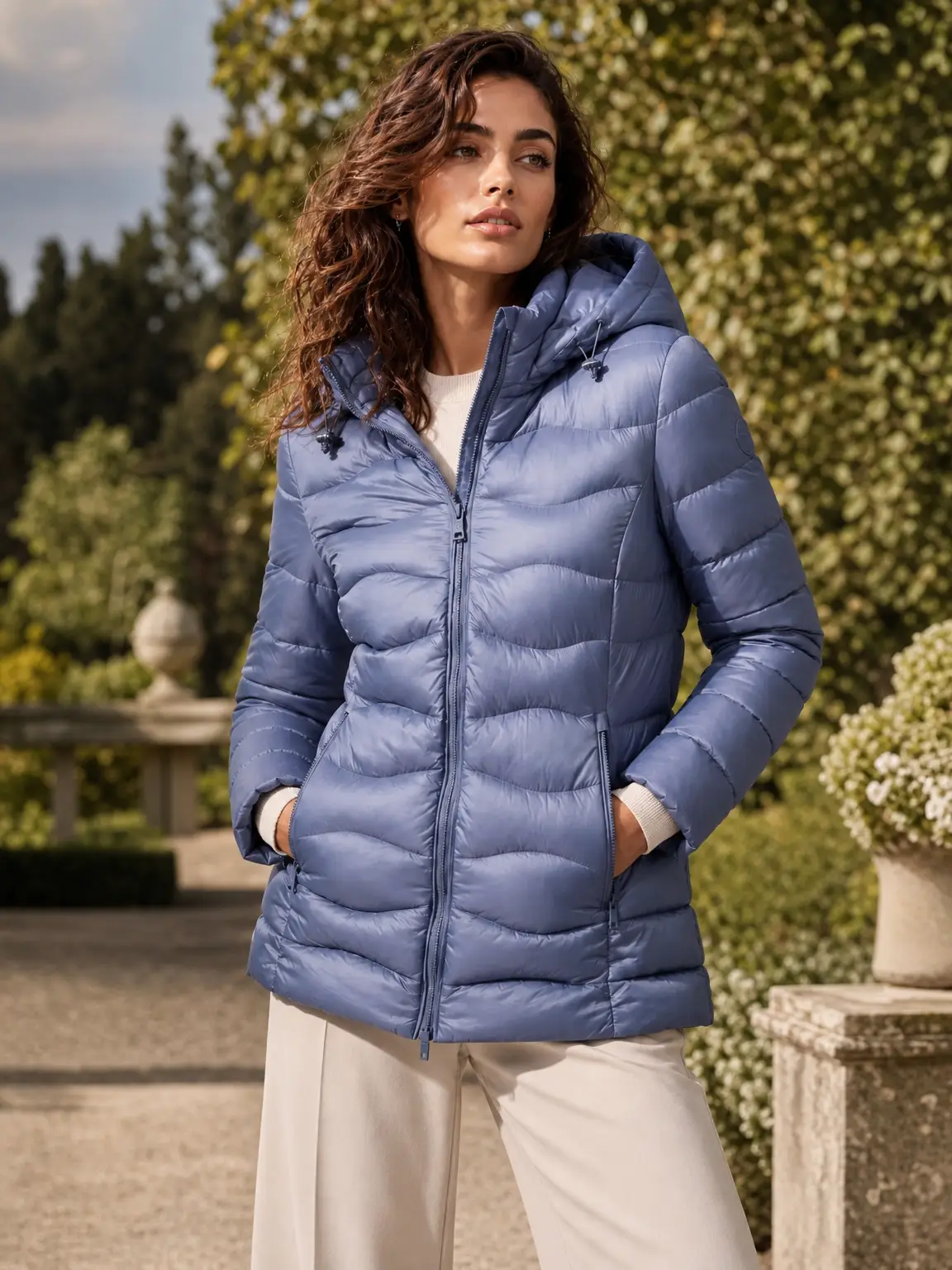 Chaqueta acolchada con capucha desmontable y bolsillos con cremallera.