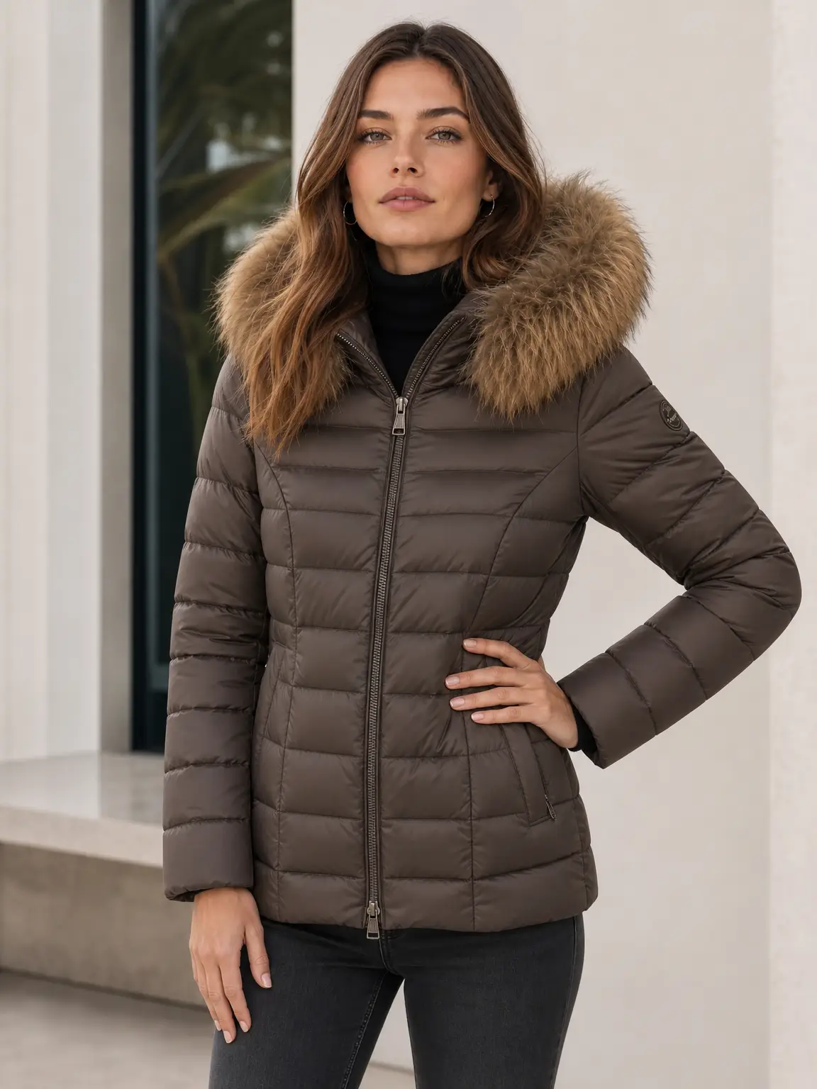 Chaqueta acolchada con capucha desmontable y ribete de pelo natural. - Marrón