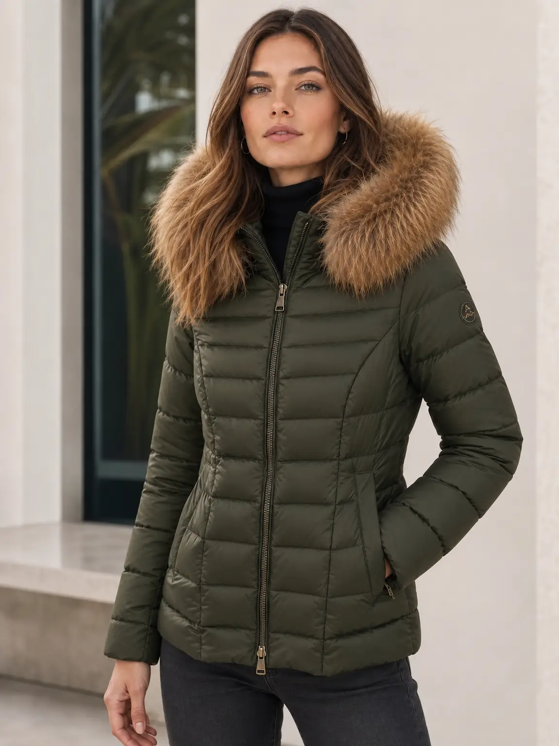Chaqueta acolchada con capucha desmontable y ribete de pelo natural. - Verde militar