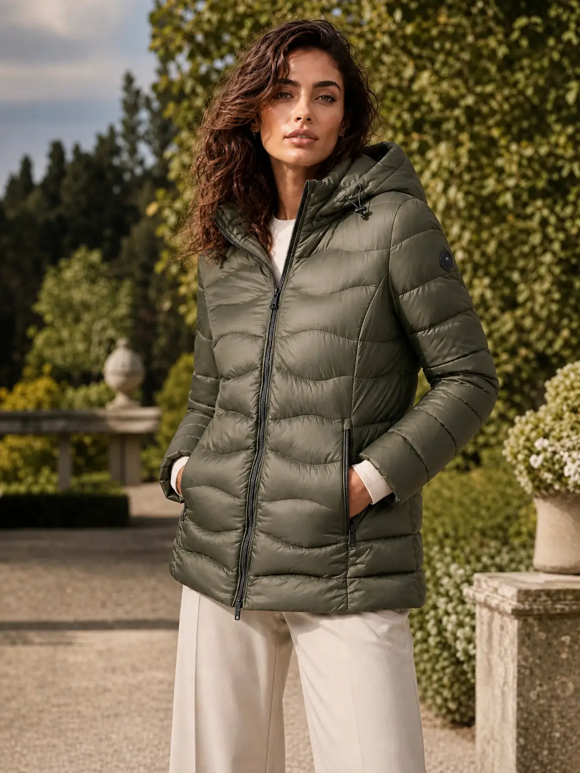 Chaqueta acolchada con capucha desmontable y bolsillos con cremallera. - Verde militar