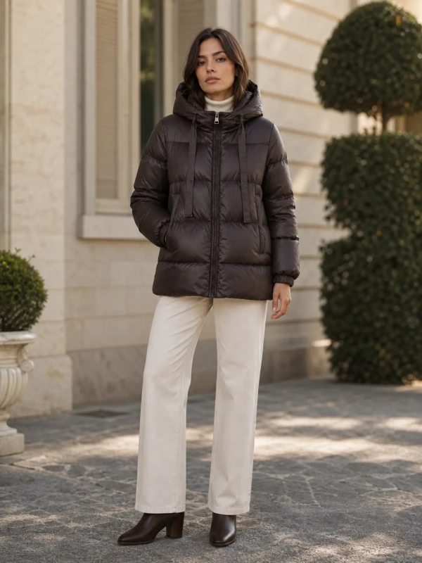 Chaqueta acolchada con capucha ajustable y cierre de cremallera.