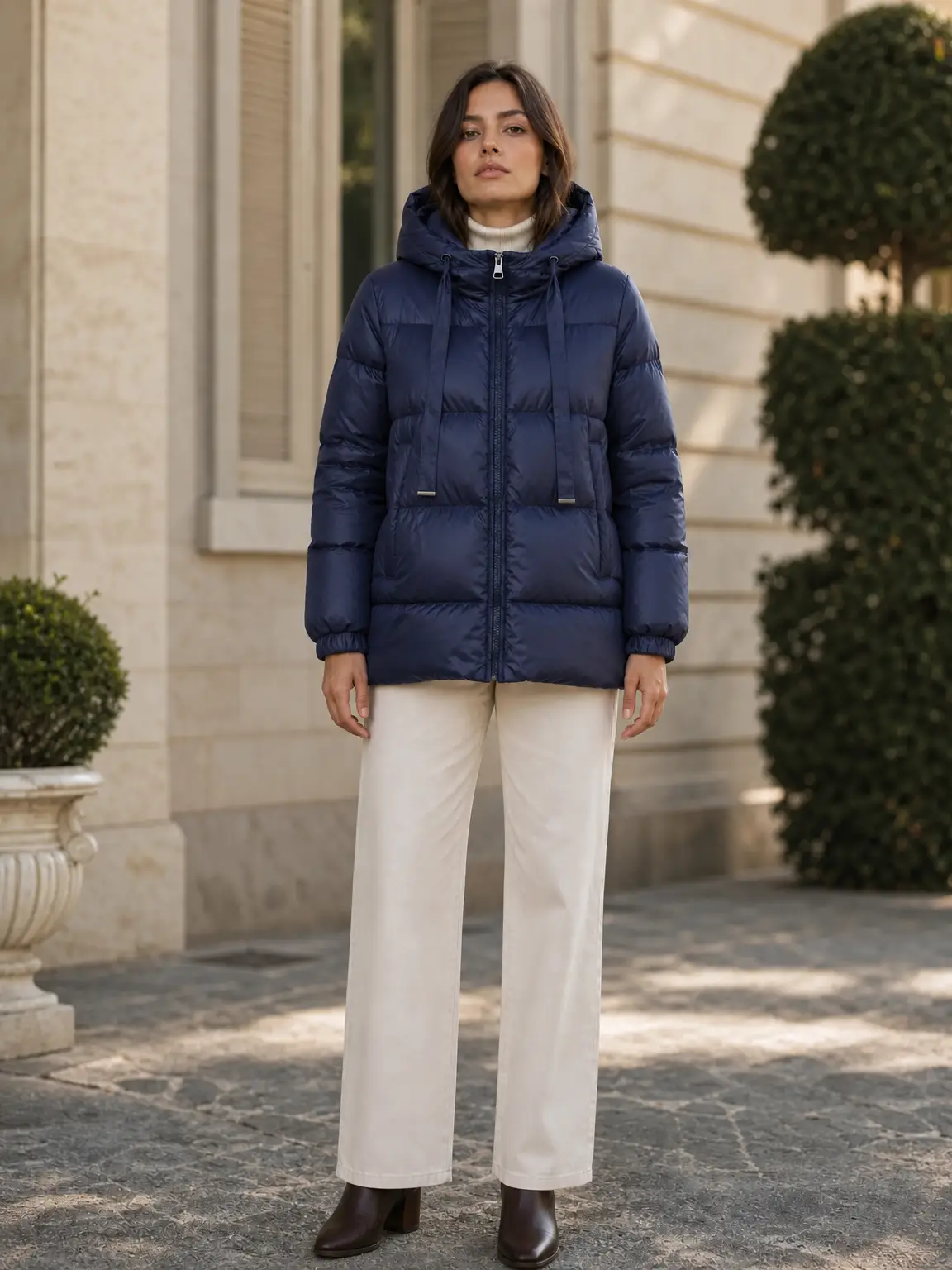 Chaqueta acolchada con capucha ajustable y cierre de cremallera. - Marino
