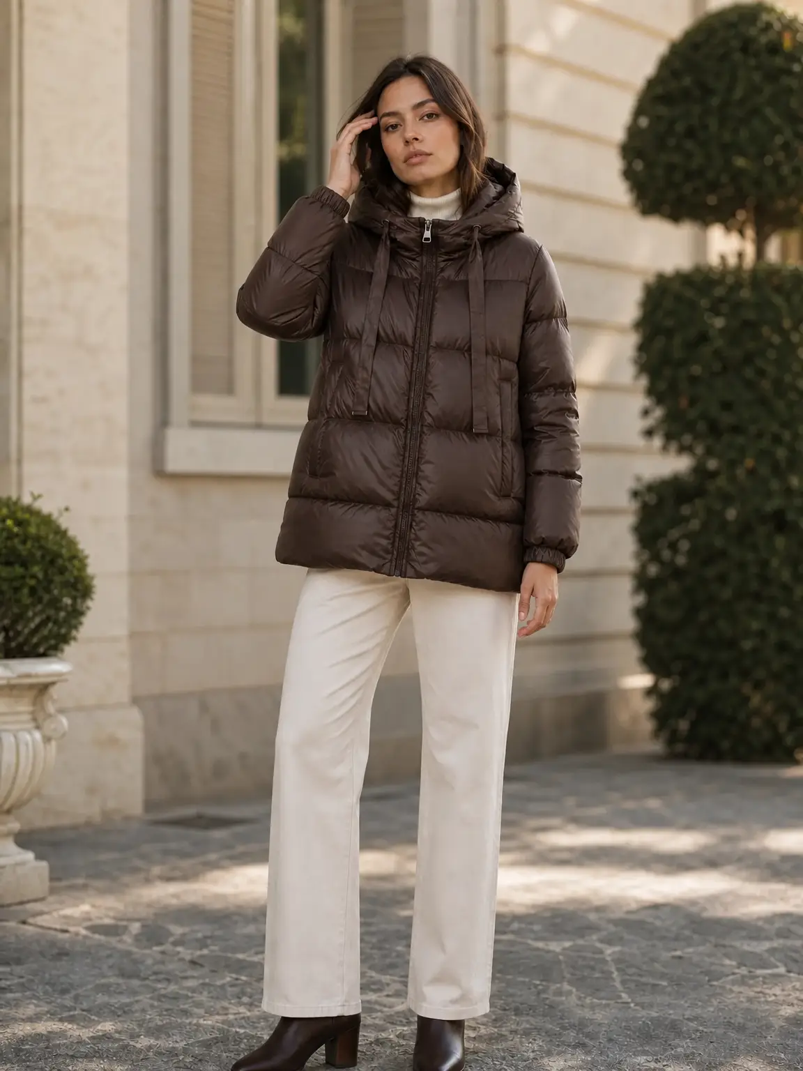 Chaqueta acolchada con capucha ajustable y cierre de cremallera. - Marrón