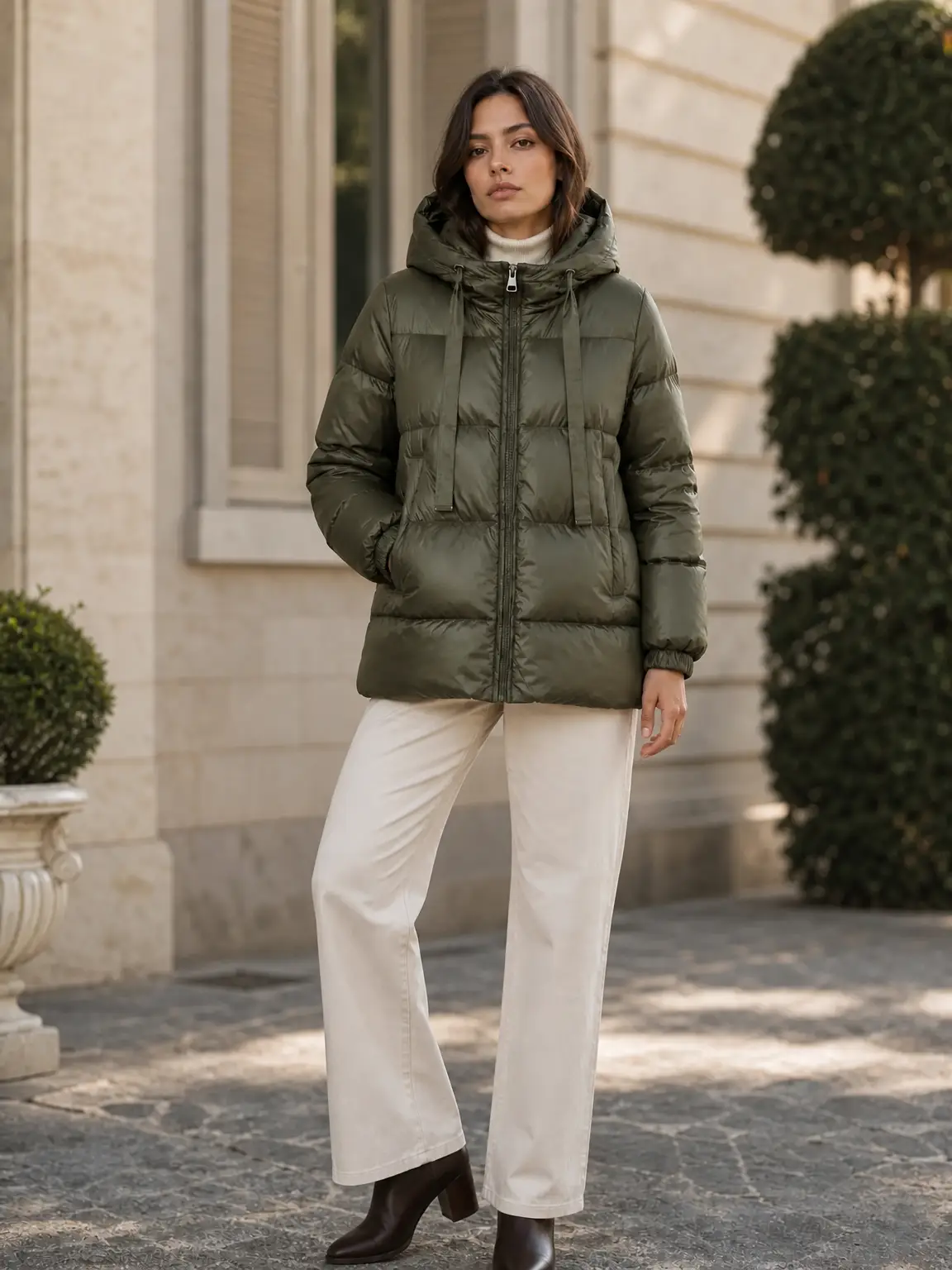 Chaqueta acolchada con capucha ajustable y cierre de cremallera. - Oliva