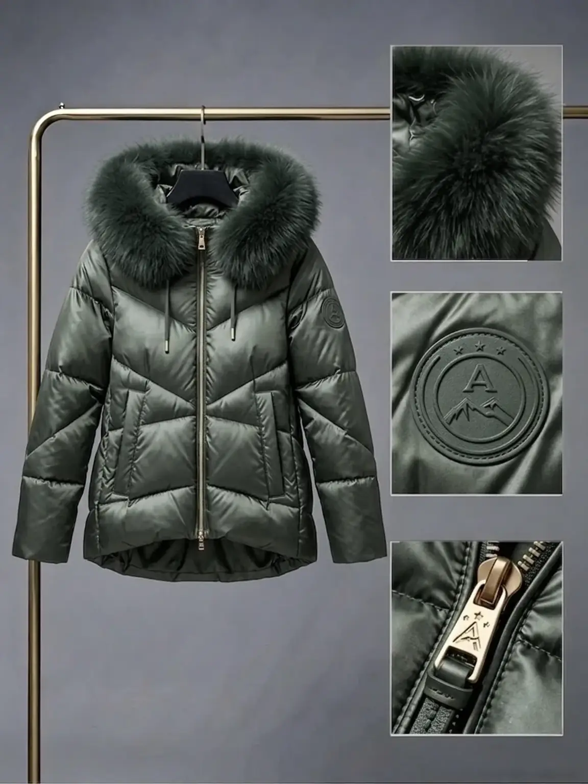 Chaqueta acolchada con ribete de pelo sintético desmontable y material metalizado mate impermeable.