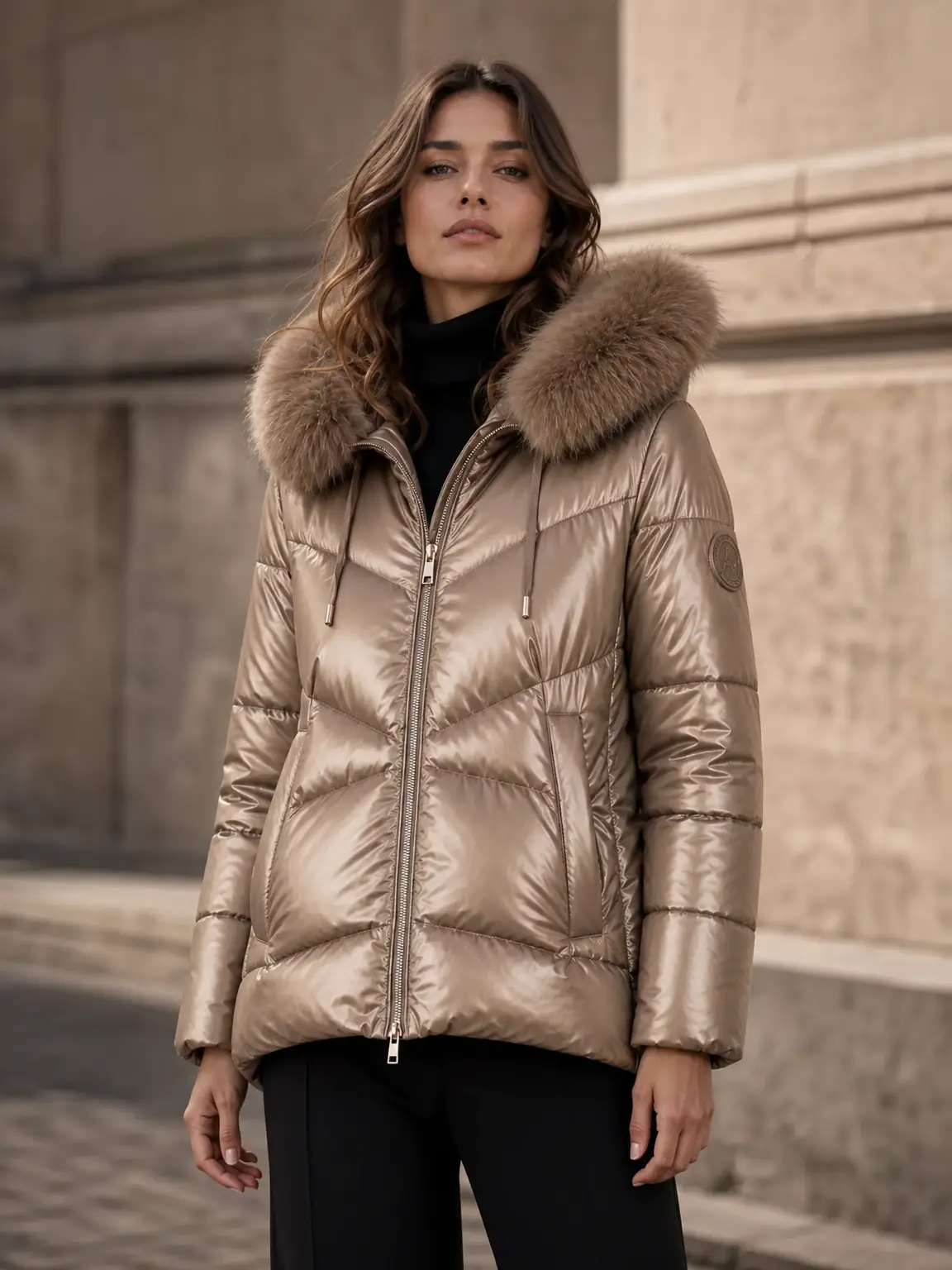 Chaqueta acolchada con ribete de pelo sintético desmontable y material metalizado mate impermeable. - Dorado