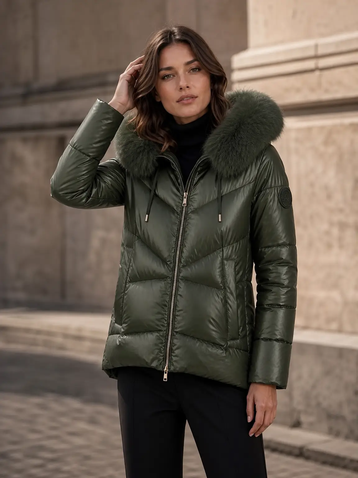 Chaqueta acolchada con ribete de pelo sintético desmontable y material metalizado mate impermeable. - Khaki