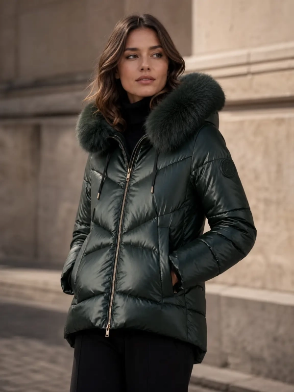 Chaqueta acolchada con ribete de pelo sintético desmontable y material metalizado mate impermeable.