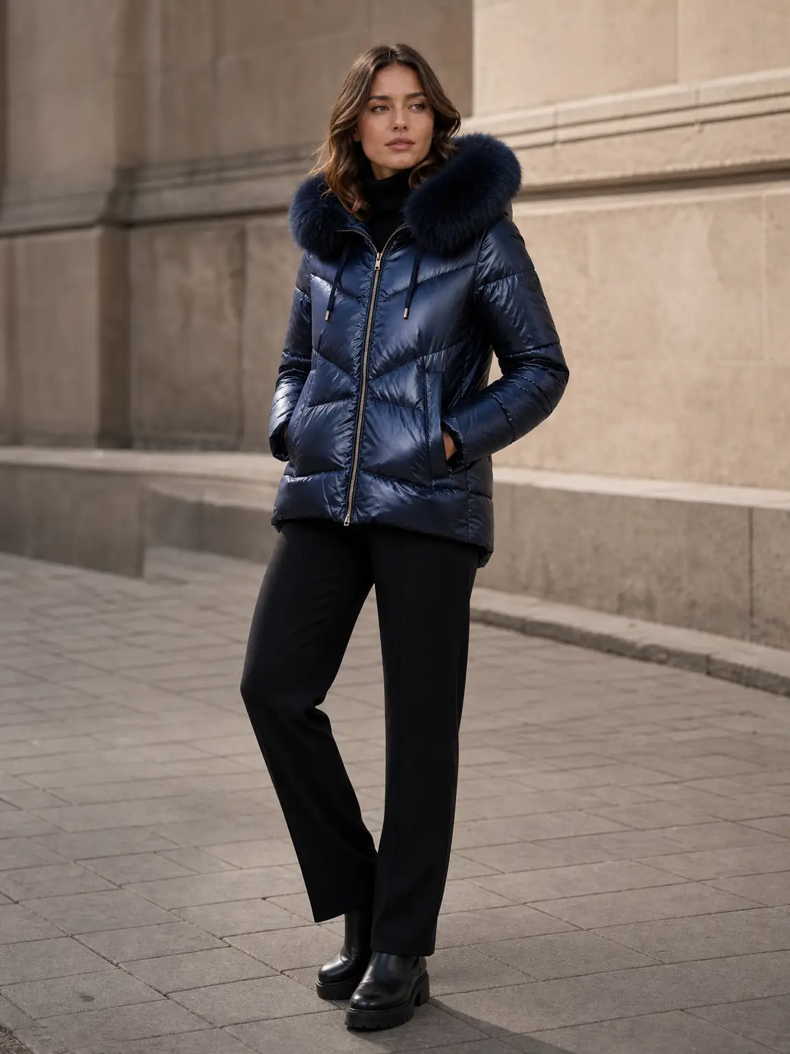 Chaqueta acolchada con ribete de pelo sintético desmontable y material metalizado mate impermeable. - Marino