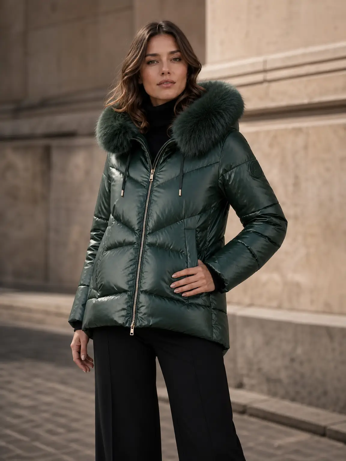 Chaqueta acolchada con ribete de pelo sintético desmontable y material metalizado mate impermeable. - Verde militar