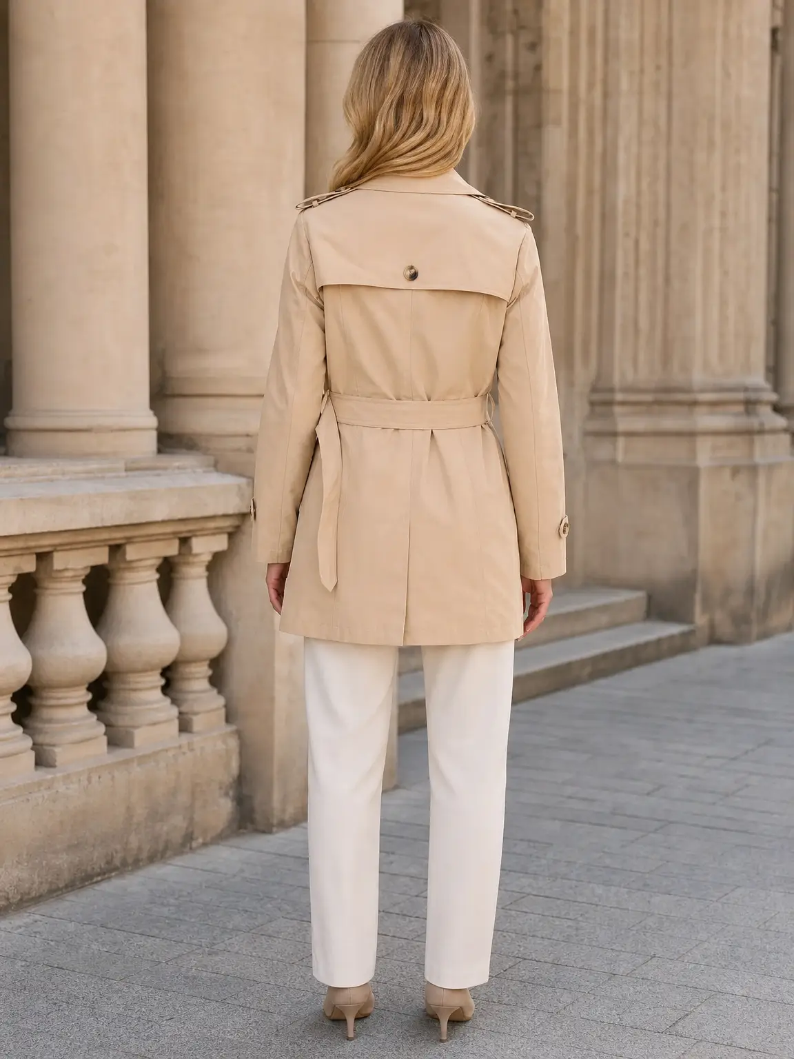 Gabardina con cinturón, botones y bolsillos laterales.