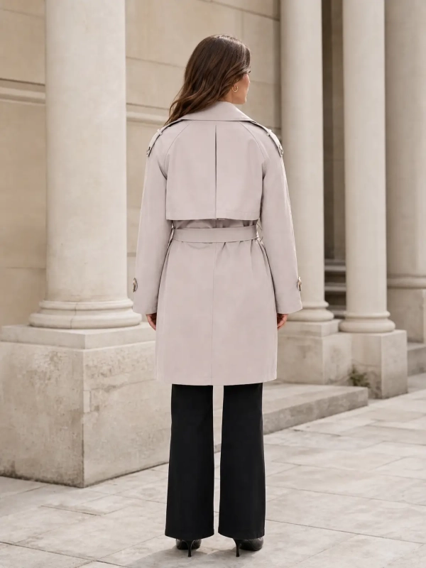 Gabardina clásica con cinturón y botones dobles, diseño elegante.