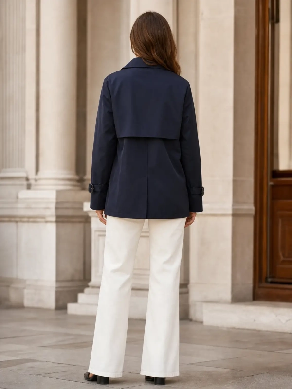 Gabardina corta cruzada con botones y cinturón ajustable en las mangas.