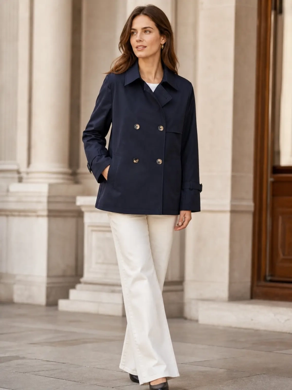Gabardina corta cruzada con botones y cinturón ajustable en las mangas.