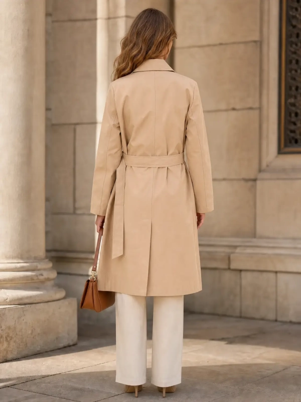 Gabardina cruzada con cinturón vista de frente en un maniquí.