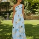 Vestido de fiesta largo un hombro plisado asimétrico estampado Lirios azul cielo