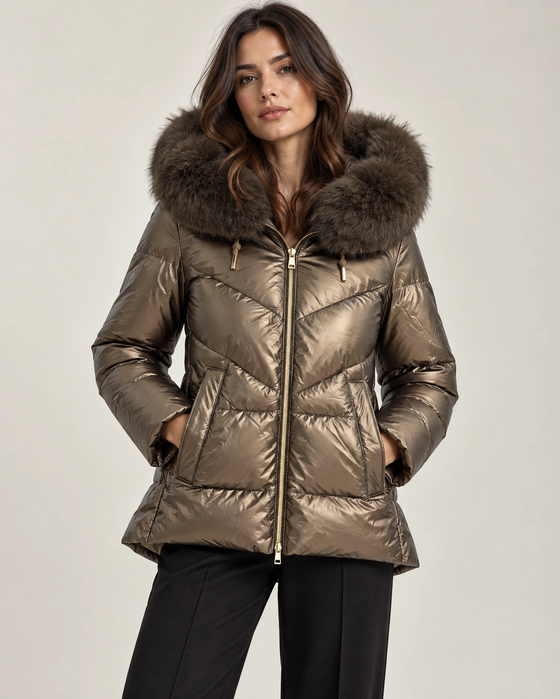 Chaqueta Acolchada Con Ribete Desmontable dorado