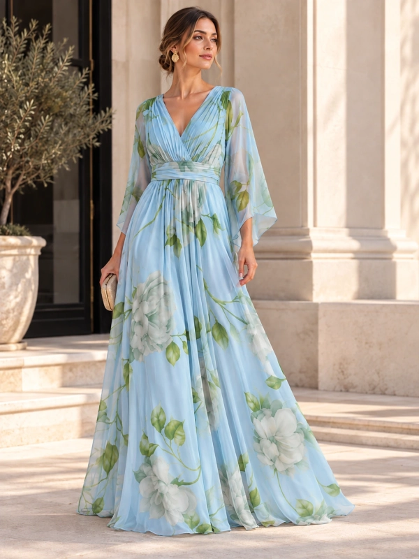 Vestido Fiesta Largo estampado floral Susana azul claro