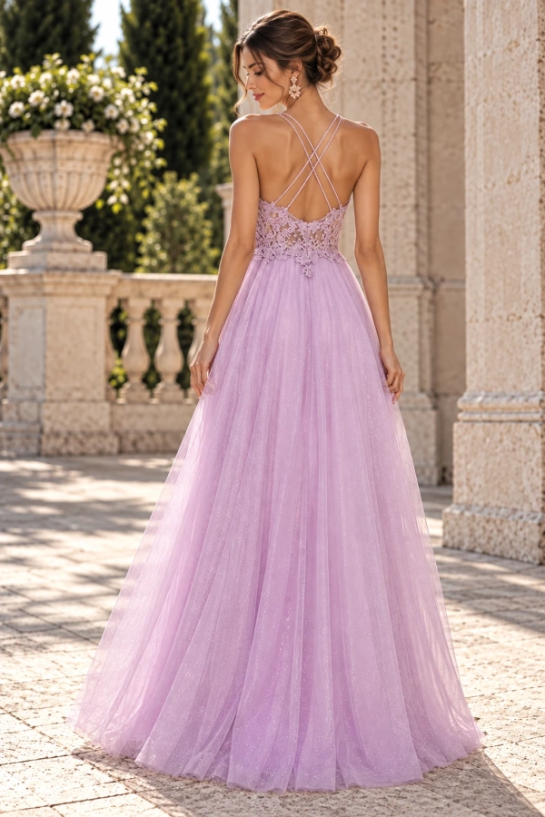 Vestido fiesta de tirantes con tul y brillos MAY ESPALDA