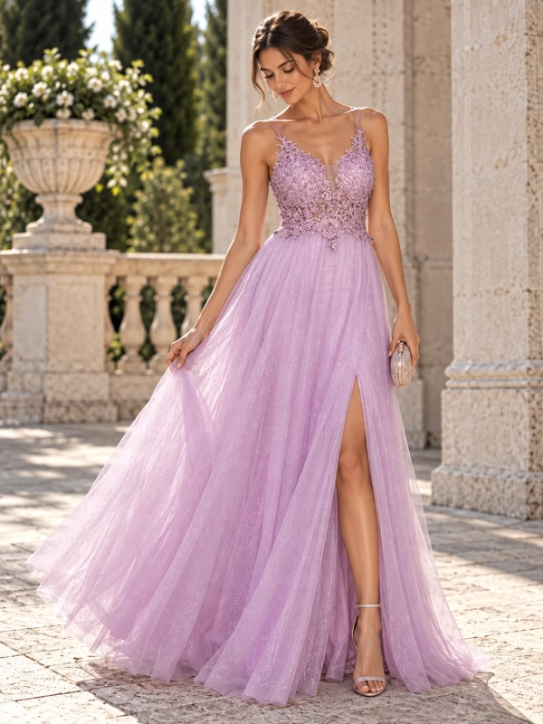 Vestido fiesta de tirantes con tul y brillos MAY LILA